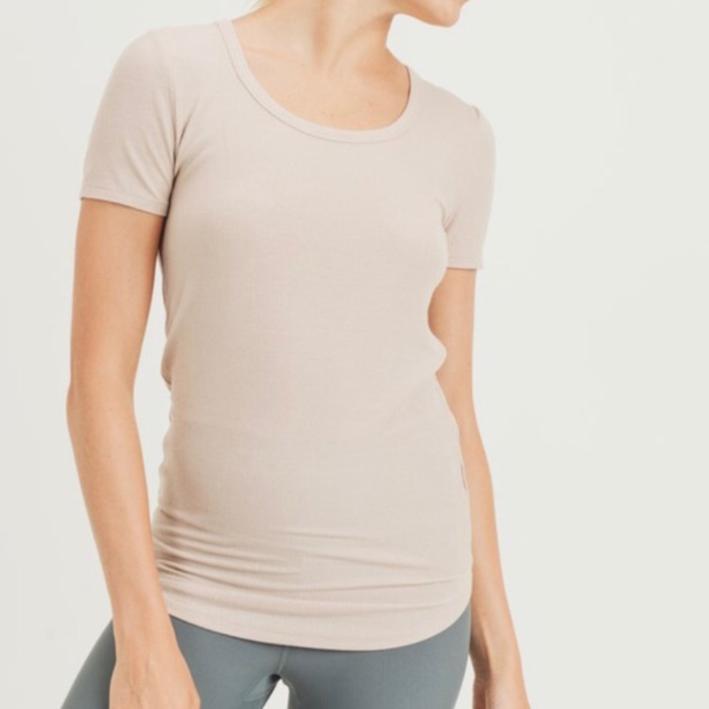 New Short Sleeve Shirt Top Ribbed Curved Hem Scoop